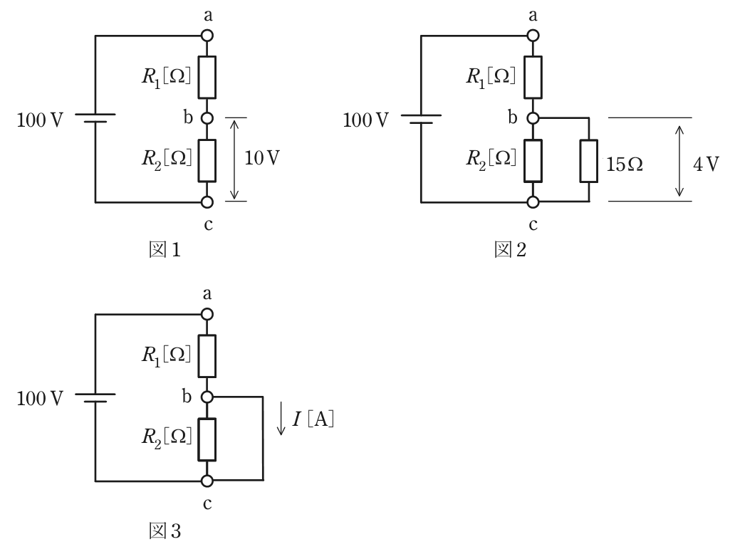 図1は直流電源100 Vを端子a-c間に加え、a-b間に抵抗R₁ Ω、b-c間に抵抗R₂ Ωを直列に接続し、b-c間の電圧が10 V。図2は図1のb-c間に15 Ωの抵抗を並列に追加し、b-c間の電圧が4 V。図3は図1のb-c間を短絡し、短絡線をbからcへ流れる電流がI A