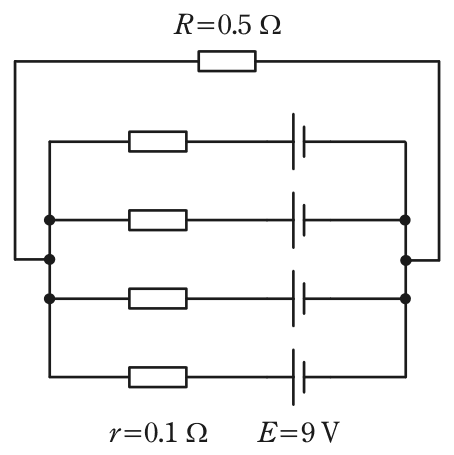 内部抵抗r=0.1 Ωと起電力E=9 Vの電池を直列にした枝4本を同じ向きに並列に接続し、その両端に負荷抵抗R=0.5 Ωを接続した回路図