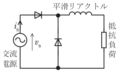 交流電源にダイオード1個を直列に接続し，その後に還流用のダイオードを並列に入れ，平滑リアクトルを通して抵抗負荷に接続した回路