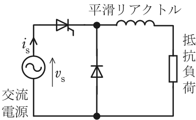 交流電源にサイリスタ1個を直列に接続し，その後に還流用のダイオードを並列に入れ，平滑リアクトルを通して抵抗負荷に接続した回路