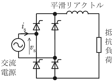 交流電源にサイリスタ4個のブリッジ（単相全波整流）を接続し，直流側に平滑リアクトルと抵抗負荷を直列に接続した回路
