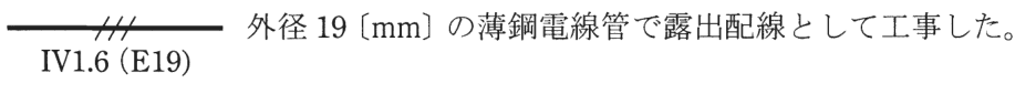 実線の中ほどに短い斜線3本がある配線の図記号、その下に IV1.6(E19) の字、右に 外径19〔mm〕の薄鋼電線管で露出配線として工事した。 の字