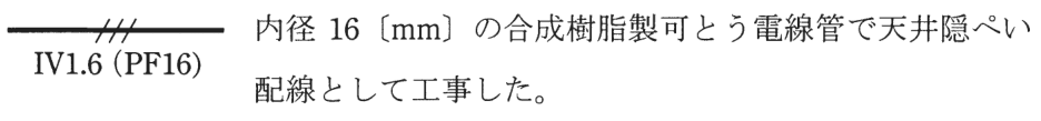 実線の中ほどに短い斜線3本がある配線の図記号、その下に IV1.6(PF16) の字、右に 内径16〔mm〕の合成樹脂製可とう電線管で天井隠ぺい配線として工事した。 の字