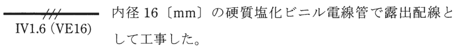 実線の中ほどに短い斜線3本がある配線の図記号、その下に IV1.6(VE16) の字、右に 内径16〔mm〕の硬質塩化ビニル電線管で露出配線として工事した。 の字
