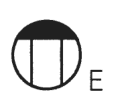 円の中に縦線2本があり上側が黒い記号の右下に E の字