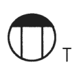 円の中に縦線2本があり上側が黒い記号の右下に T の字