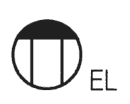 円の中に縦線2本があり上側が黒い記号の右下に EL の字