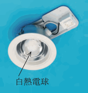 青い背景の天井に埋め込む形の白い円形の照明器具で、横に箱形の部分があり、矢印と 白熱電球 の字がある