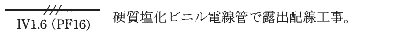 実線の中ほどに短い斜線3本がある配線の図記号、その下に IV1.6（PF16） の字、右に 硬質塩化ビニル電線管で露出配線工事。 の字