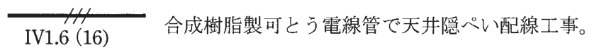 実線の中ほどに短い斜線3本がある配線の図記号、その下に IV1.6（16） の字、右に 合成樹脂製可とう電線管で天井隠ぺい配線工事。 の字