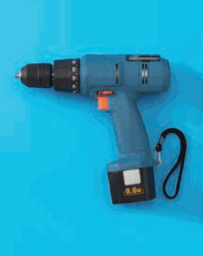 青い電池式の工具で、先端にチャックがあり、下部に電池がある