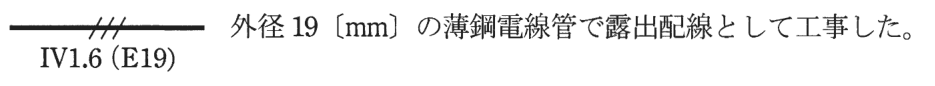 実線の中ほどに短い斜線3本がある配線の図記号,その下に IV1.6(E19) の字,右に 外径19〔mm〕の薄鋼電線管で露出配線として工事した。 の字