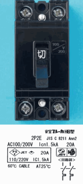 黒い器具で,上下にねじ端子が2つずつあり,中央に 切 の字のあるレバーと,斜線で区切った 100 V 200 の字がある。下の表示に 安全ブレーカHB型,2P2E JIS C 8211 Ann2,AC100/200V Icn1.5kA 20A,110/220V IC1.5kA,60℃ CABLE AT25℃,〈回路図〉 の字と,2極とも同じ形の接点の図(両側にかぎ形の部分がある)