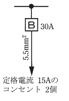 幹線の分岐点から配線用遮断器B 30A、その先の矢印の線に 5.5mm² の字、矢印の先に 定格電流 15Aの コンセント 2個 の字