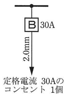 幹線の分岐点から配線用遮断器B 30A、その先の矢印の線に 2.0mm の字、矢印の先に 定格電流 30Aの コンセント 1個 の字