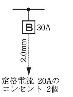 幹線の分岐点から配線用遮断器B 30A，その先の矢印の線に 2.0mm の字，矢印の先に 定格電流 20Aの コンセント 2個 の字