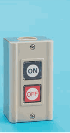 灰色の縦長の箱形の器具で，前面に ON の字の青いボタンと OFF の字の赤いボタンが上下に並んでいる