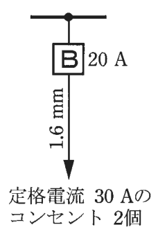 幹線の分岐点から配線用遮断器B 20 A，その先の矢印の線に 1.6 mm の字，矢印の先に 定格電流 30 Aの コンセント 2個 の字
