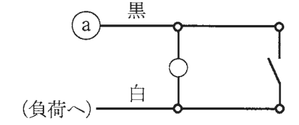 ⓐの黒の線が接続点に至り,そこから右へ進んで開いた接点のスイッチの上の端子に至る。その接続点から下へ円の記号を経て下の接続点に至り,そこに(負荷へ)から来た白の線がつながり,下の接続点から右へ進んでスイッチの下の端子に至る