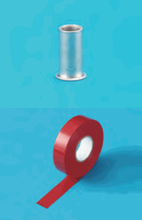 上に小さいリングスリーブ,下に赤色の粘着テープの巻