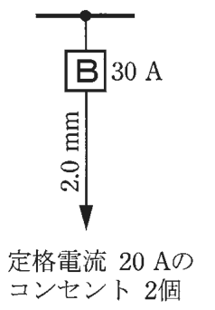 幹線からの分岐に30Aの配線用遮断器B，その先の電線に2.0mmの字，矢印の先に 定格電流 20Aの コンセント 2個 の字