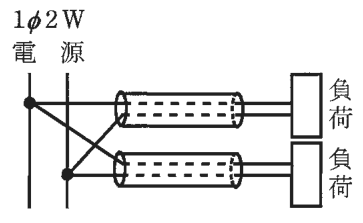 1φ2W電源の2本の線の両方から1本ずつ出た電線2本を上の管に,同じく両方から1本ずつ出た電線2本を下の管に通し,上の管の電線は上の負荷に,下の管の電線は下の負荷に接続している