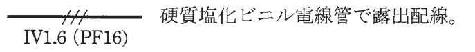 実線の中ほどに短い斜線3本がある配線の図記号,その下に IV1.6(PF16) の字,右に 硬質塩化ビニル電線管で露出配線。 の字