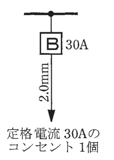 幹線からの分岐に30Aの配線用遮断器B，その先の電線に2.0mmの字，矢印の先に 定格電流 30Aのコンセント 1個 の字