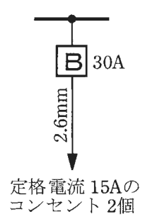 幹線からの分岐に30Aの配線用遮断器B，その先の電線に2.6mmの字，矢印の先に 定格電流 15Aのコンセント 2個 の字