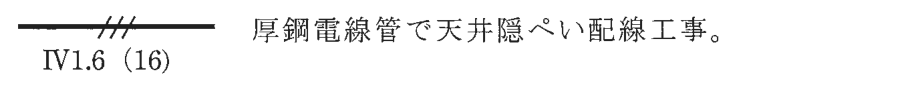 実線の中ほどに短い斜線3本がある配線の図記号,その下に IV1.6(16) の字,右に 厚鋼電線管で天井隠ぺい配線工事。 の字
