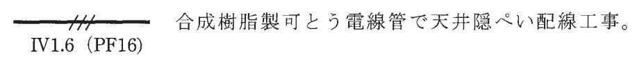 実線の中ほどに短い斜線3本がある配線の図記号,その下に IV1.6(PF16) の字,右に 合成樹脂製可とう電線管で天井隠ぺい配線工事。 の字