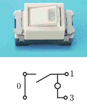 白色の器具の写真。ハンドルに小さな窓がある。下の図は,左に0の字と上下2つの端子を縦線で結んだ部分があり,その上の端子から出た線と右の1の端子へ続く線の間が斜めの線で開いた接点になっていて,1の端子へ続く線から下へ白丸を経て3の端子に至る構成
