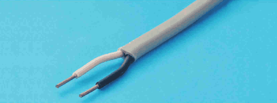 灰色の平たい外装のケーブル。外装の中から白と黒の2本の絶縁電線が出ている