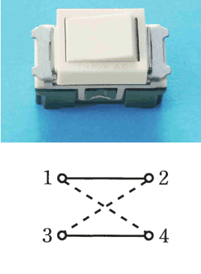 白色の器具の写真。下の図は,1と2の端子,3と4の端子をそれぞれ実線で結び,1と4,3と2の端子をそれぞれ破線で結んだ構成