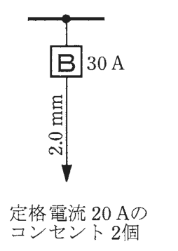 幹線の分岐点から配線用遮断器B 30 A，その先の電線の太さ2.0 mm，矢印の先に定格電流 20 Aのコンセント 2個