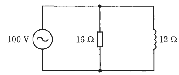 100 Vの交流電源に,16 Ωの抵抗と12 Ωのリアクタンス(コイルの記号)が並列に接続された回路