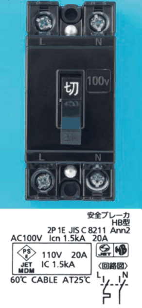 黒い器具で,上下にねじ端子が2つずつ,その内側に L・N の字,中央に 切 のレバー,右に 100V の表示がある。下の表示に 安全ブレーカ HB型,2P 1E JIS C 8211 Ann2,AC100V Icn 1.5kA 20A,110V 20A IC 1.5kA,60℃ CABLE AT25℃ の字と〈回路図〉の小さな図がある