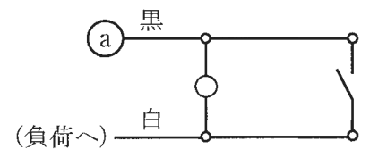 ⓐの黒の線が接続点に至り,そこから右へ進んで開いた接点のスイッチの上の端子に至る。その接続点から下へ円の記号を経て下の接続点に至り,そこに(負荷へ)の白の線がつながり,下の接続点から右へ進んでスイッチの下の端子に至る
