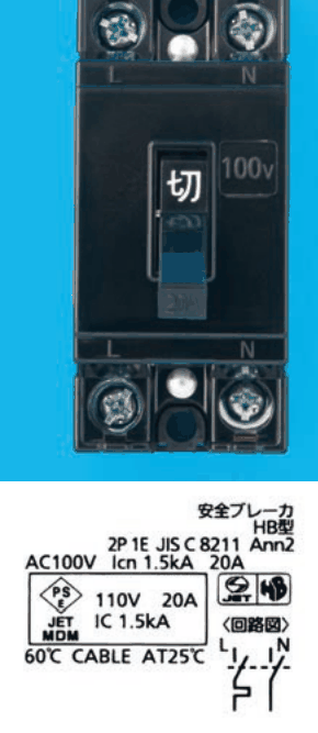 黒色の器具。上下に2つずつ端子ねじとL・Nの字,中央に切の字のハンドルと100vの表示。下の銘板に 安全ブレーカ HB型,2P 1E JIS C 8211 Ann2,AC100V Icn 1.5kA 20A,PSEとJET MDMの表示に 110V 20A IC 1.5kA,60℃ CABLE AT25℃ の字と,回路図(L・Nの2極で,Lの極にだけ引外し素子の記号)がある