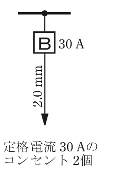 幹線の分岐点から配線用遮断器B 30 A，その先の電線の太さ2.0 mm，矢印の先に定格電流 30 Aのコンセント 2個