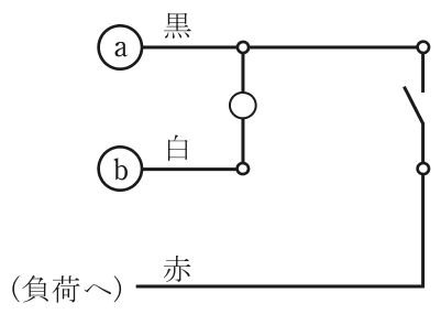ⓐ 黒の線とⓑ 白の線の間にパイロットランプ(白丸)が接続され,ⓐ 黒の線から点滅器を経て(負荷へ)赤の線につながる