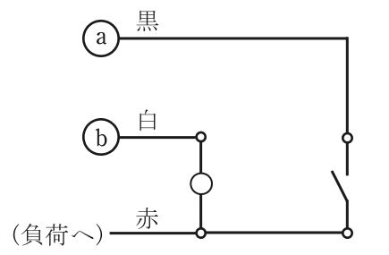 ⓐ 黒の線から点滅器を経て(負荷へ)赤の線につながり,ⓑ 白の線と(負荷へ)赤の線の間にパイロットランプ(白丸)が接続される