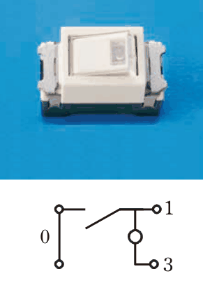 白色のハンドルに小さな窓がある器具。下の図は，端子0から接点を経て端子1へ，その途中から円を経て端子3へ至る構成
