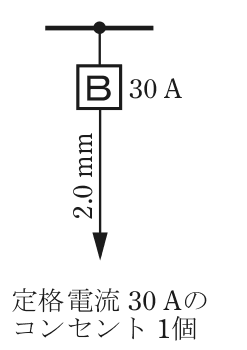幹線の分岐点から配線用遮断器B 30 A,その先の電線の太さ2.0 mm,矢印の先に定格電流 30 Aのコンセント 1個