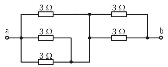 端子aの側で3 Ωの抵抗3本が並列に接続され(3本の右端はすべて中央の縦の線につながる),その中央の縦の線と端子bの間に3 Ωの抵抗2本が並列に接続された回路