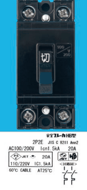 黒色の器具。上下に2つずつ端子ねじ，中央に切の字のハンドルと100/200Vの表示。下の銘板に 安全ブレーカHB型，2P2E JIS C 8211 Ann2，AC100/200V Icn1.5kA 20A，PSEとJETの表示に 20A 110/220V IC1.5kA，60℃ CABLE AT25℃ の字と，回路図（2極とも引外し素子の記号）がある
