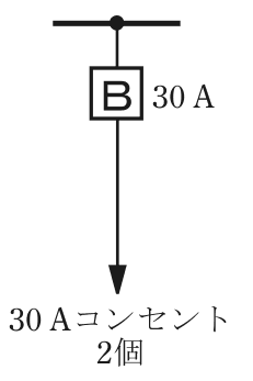 幹線の分岐点から配線用遮断器B 30 A，矢印の先に 30 Aコンセント 2個