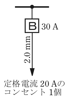 幹線の分岐点から配線用遮断器B 30 A，その先の電線の太さ2.0 mm，矢印の先に定格電流 20 Aのコンセント 1個