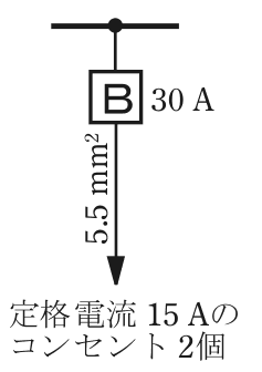 幹線の分岐点から配線用遮断器B 30 A，その先の電線の太さ5.5 mm²，矢印の先に定格電流 15 Aのコンセント 2個