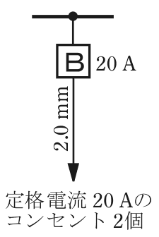 幹線の分岐点から配線用遮断器B 20 A，その先の電線の太さ2.0 mm，矢印の先に定格電流 20 Aのコンセント 2個